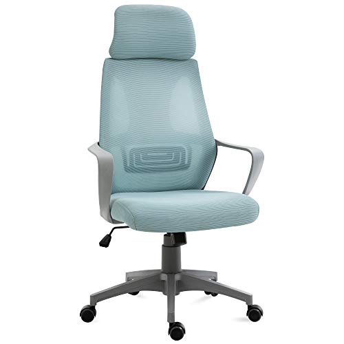 Vinsetto Silla de Oficina Ergonómica Silla de Escritorio Basculante Ajustable en Altura con Respaldo Reposabrazos Reposacabezas 5 Ruedas Soporta hasta 120 kg 64x55x116-126 cm Azul