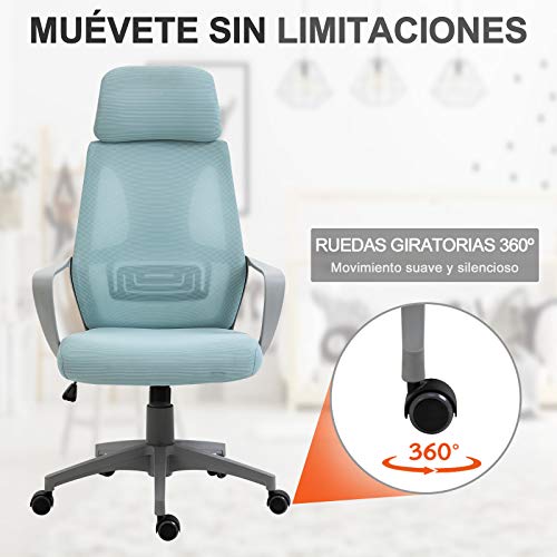 Vinsetto Silla de Oficina Ergonómica Silla de Escritorio Basculante Ajustable en Altura con Respaldo Reposabrazos Reposacabezas 5 Ruedas Soporta hasta 120 kg 64x55x116-126 cm Azul