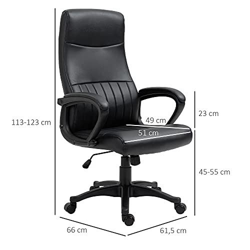 Vinsetto Silla de Oficina Ergonómica Silla de Escritorio Basculante y Giratoria 360° con Altura Ajustable Respaldo Alto y Reposabrazos Piel Sintética 61,5x66x113-123 cm Negro