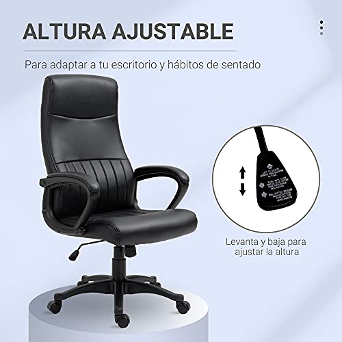 Vinsetto Silla de Oficina Ergonómica Silla de Escritorio Basculante y Giratoria 360° con Altura Ajustable Respaldo Alto y Reposabrazos Piel Sintética 61,5x66x113-123 cm Negro