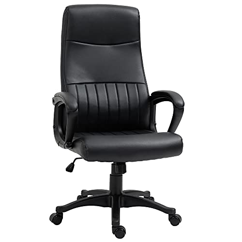 Vinsetto Silla de Oficina Ergonómica Silla de Escritorio Basculante y Giratoria 360° con Altura Ajustable Respaldo Alto y Reposabrazos Piel Sintética 61,5x66x113-123 cm Negro