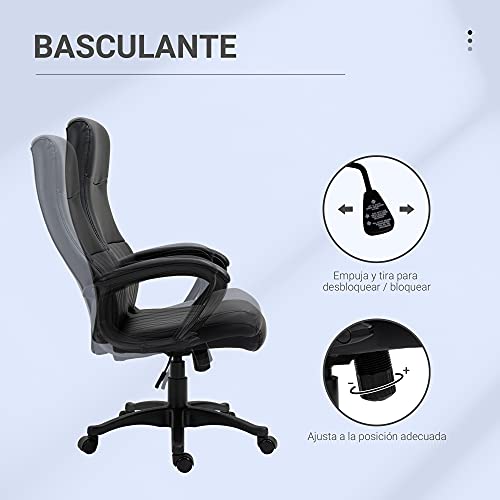 Vinsetto Silla de Oficina Ergonómica Silla de Escritorio Basculante y Giratoria 360° con Altura Ajustable Respaldo Alto y Reposabrazos Piel Sintética 61,5x66x113-123 cm Negro