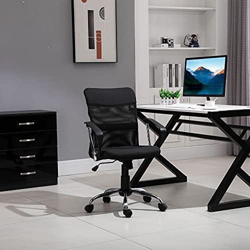 Vinsetto Silla de Oficina Ergonómica Silla de Escritorio Basculante y Giratoria con Altura Ajustable del Asiento Reposabrazos y Ruedas 60x66x91-101 cm Negro