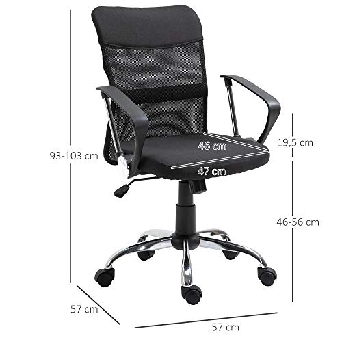 Vinsetto Silla de Oficina Ergonómica Silla de Escritorio Basculante y Giratoria con Altura Ajustable del Asiento Reposabrazos y Ruedas 60x66x91-101 cm Negro