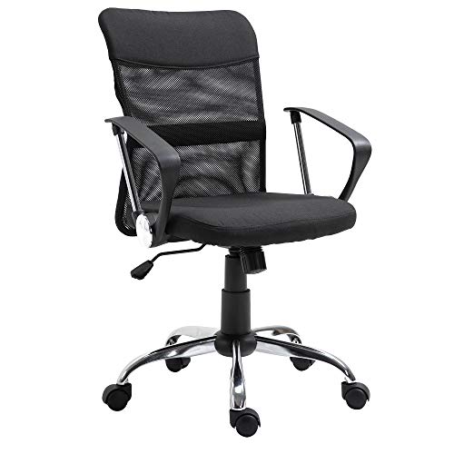 Vinsetto Silla de Oficina Ergonómica Silla de Escritorio Basculante y Giratoria con Altura Ajustable del Asiento Reposabrazos y Ruedas 60x66x91-101 cm Negro