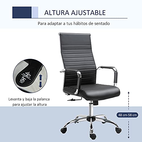 Vinsetto Silla de Oficina Ergonómica Silla de Escritorio Giratoria 360° Basculante con Altura Ajustable y Ruedas Reposabrazos Piel Sintética 54x62x104-114 cm Negro