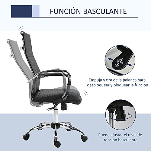 Vinsetto Silla de Oficina Ergonómica Silla de Escritorio Giratoria 360° Basculante con Altura Ajustable y Ruedas Reposabrazos Piel Sintética 54x62x104-114 cm Negro