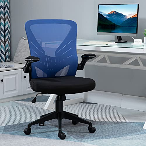 Vinsetto Silla de Oficina Ergonómica Silla de Escritorio Giratoria con Altura Ajustable Reposabrazos Abatible y Soporte Lumbar Transpirable 62x59x99-107 cm Azul y Negro