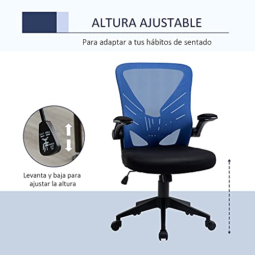 Vinsetto Silla de Oficina Ergonómica Silla de Escritorio Giratoria con Altura Ajustable Reposabrazos Abatible y Soporte Lumbar Transpirable 62x59x99-107 cm Azul y Negro