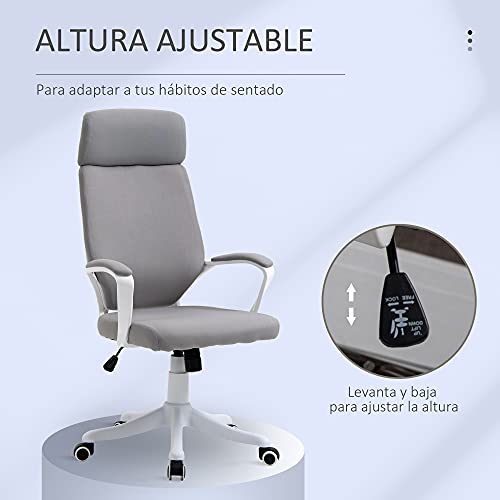 Vinsetto Silla de Oficina Ergonómica Silla Escritorio Giratoria Ajustable en Altura con Reposabrazos Reposacabezas y Respaldo Alto 63x65x113-123 cm Gris