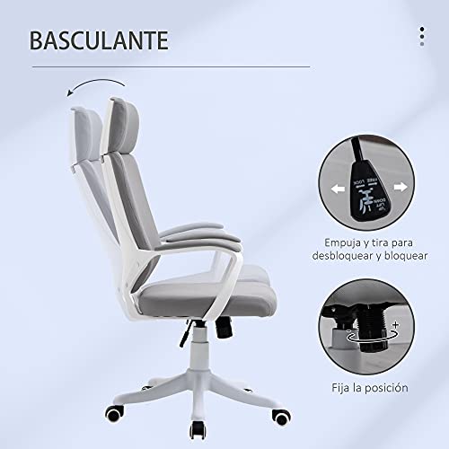 Vinsetto Silla de Oficina Ergonómica Silla Escritorio Giratoria Ajustable en Altura con Reposabrazos Reposacabezas y Respaldo Alto 63x65x113-123 cm Gris