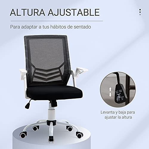 Vinsetto Silla de Oficina Ergonómica Silla Escritorio Giratoria con Altura Ajustable Reposabrazos Abatible Soporte Lumbar y Respaldo Transpirable 62,5x55x94-104 cm Negro