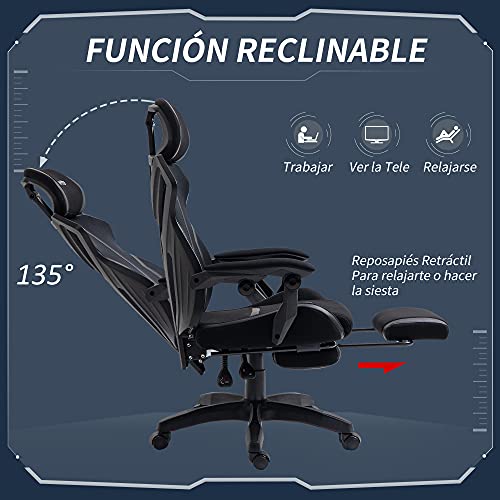 Vinsetto Silla Gaming Giratoria con Reposapiés Retráctil Silla de Oficina Reclinable con Reposacabezas y Altura Ajustable 65x65x119-129 cm Negro