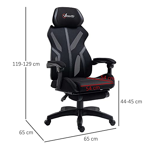 Vinsetto Silla Gaming Giratoria con Reposapiés Retráctil Silla de Oficina Reclinable con Reposacabezas y Altura Ajustable 65x65x119-129 cm Negro