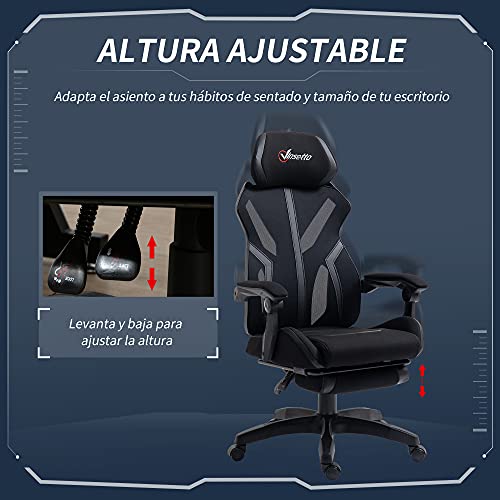 Vinsetto Silla Gaming Giratoria con Reposapiés Retráctil Silla de Oficina Reclinable con Reposacabezas y Altura Ajustable 65x65x119-129 cm Negro