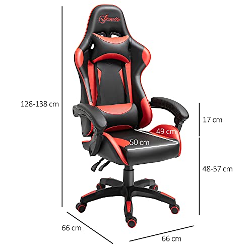 Vinsetto Silla Gaming Profesional Silla de Escritorio Ergonómica Reclinable y Ajustable en Altura con Respaldo Alto Reposacabezas y Reposabrazos 66x66x128-138 cm Rojo