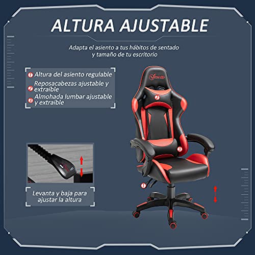 Vinsetto Silla Gaming Profesional Silla de Escritorio Ergonómica Reclinable y Ajustable en Altura con Respaldo Alto Reposacabezas y Reposabrazos 66x66x128-138 cm Rojo