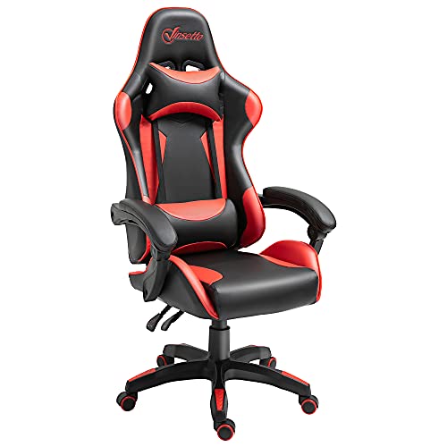 Vinsetto Silla Gaming Profesional Silla de Escritorio Ergonómica Reclinable y Ajustable en Altura con Respaldo Alto Reposacabezas y Reposabrazos 66x66x128-138 cm Rojo