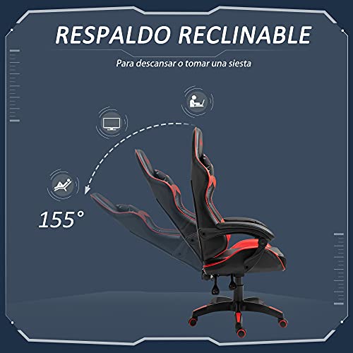 Vinsetto Silla Gaming Profesional Silla de Escritorio Ergonómica Reclinable y Ajustable en Altura con Respaldo Alto Reposacabezas y Reposabrazos 66x66x128-138 cm Rojo