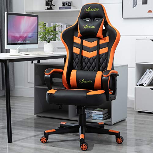 Vinsetto Silla Gaming Silla de Escritorio de Oficina Ergonómica Altura Regulable Basculante con Reposacabezas Cojín Lumbar 61x70x121-129 cm Naranja