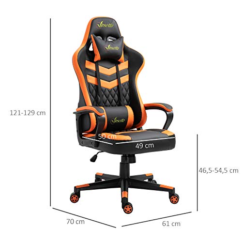 Vinsetto Silla Gaming Silla de Escritorio de Oficina Ergonómica Altura Regulable Basculante con Reposacabezas Cojín Lumbar 61x70x121-129 cm Naranja