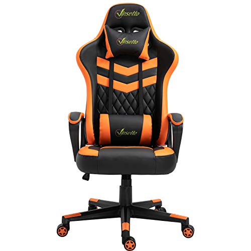 Vinsetto Silla Gaming Silla de Escritorio de Oficina Ergonómica Altura Regulable Basculante con Reposacabezas Cojín Lumbar 61x70x121-129 cm Naranja