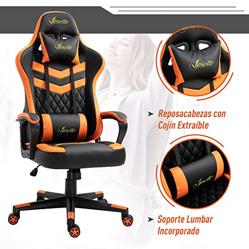 Vinsetto Silla Gaming Silla de Escritorio de Oficina Ergonómica Altura Regulable Basculante con Reposacabezas Cojín Lumbar 61x70x121-129 cm Naranja