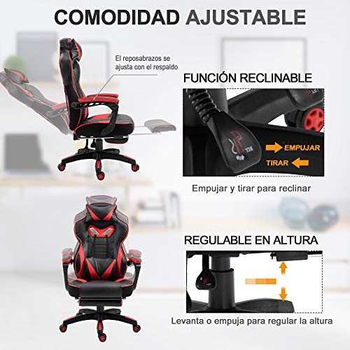 Vinsetto Silla Racing Silla Ergonómica de Escritorio para Oficina Regulable en Altura Reclinable Respaldo con Reposapiés Reposacabezas Cojín Lumbar Ruedas 65x70x118,5-128,5 cm Rojo