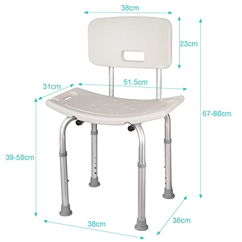 Vinteky Silla de Ducha Taburete de Baño con Respaldo Antideslizante Altura Regulable para Personas Mayores