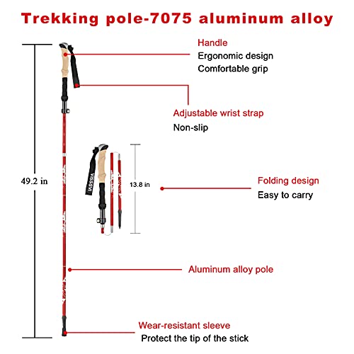 VISSSVI Bastones de Senderismo Bastones Trekking Plegables 2pcs 35cm-125cm de Aleación de Aluminio 7075 Telescópico, Plegable, Ultraligero para Senderismo, Camping, montañismo, mochilero (Rojo-125 CM)