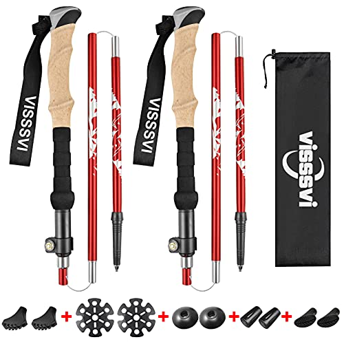 VISSSVI Bastones de Senderismo Bastones Trekking Plegables 2pcs 35cm-125cm de Aleación de Aluminio 7075 Telescópico, Plegable, Ultraligero para Senderismo, Camping, montañismo, mochilero (Rojo-125 CM)