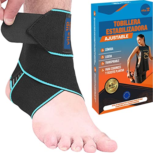 VITA UP | Tobillera Estabilizadora para Esguince y Fascitis Plantar, Protector de Compresión Ajustable y Elástico para el Tobillo, Hombre y Mujer, Deportiva, Correr, Boxeo, Fútbol y Otros (Azul)