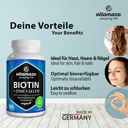 Vitamaze® Biotina 10000 mcg de Dosis Alta + Selenio + Zinc para Crecimiento del Piel, Cabello y Uñas - 365 Tabletas Veganas para 1 Año, Calidad Alemana, sin Aditivos Innecesarios