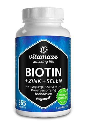 Vitamaze® Biotina 10000 mcg de Dosis Alta + Selenio + Zinc para Crecimiento del Piel, Cabello y Uñas - 365 Tabletas Veganas para 1 Año, Calidad Alemana, sin Aditivos Innecesarios