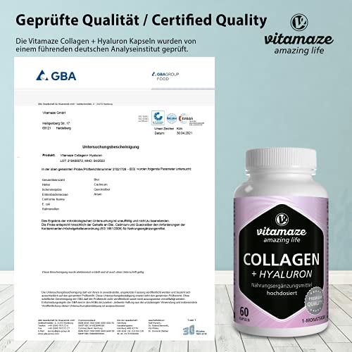 Vitamaze® Colágeno Puro + Ácido Hialurónico Cápsulas + Condroitina + Lisina, 600 mg de Colágeno al Día, 60 Cápsulas durante 1 Mes, Suplementos sin Aditivos Innecesarios, Calidad Alemana