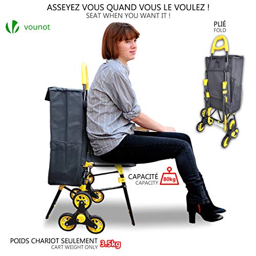 VOUNOT Carro de la Compra de 6 Ruedas Plegable con Asiento y Bolsa Térmica de 40 L, para Subir Escaleras, Negro