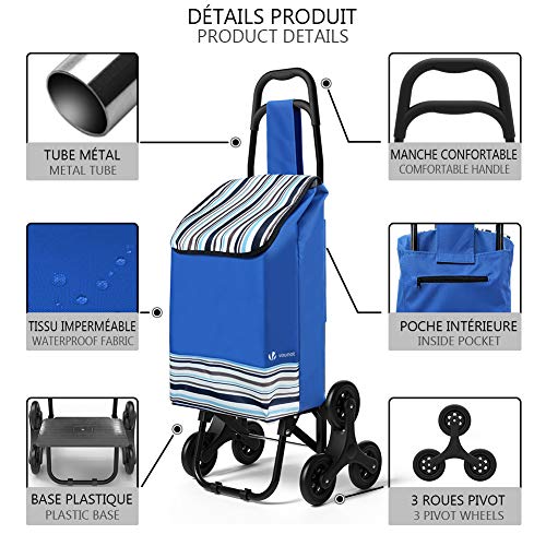 VOUNOT Carro de la Compra Plegable con 6 Ruedas, para Subir Escaleras, Bolsa Impermeable, Azul