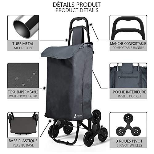 VOUNOT Carro de la Compra Plegable con 6 Ruedas, para Subir Escaleras, Bolsa Impermeable, Negro