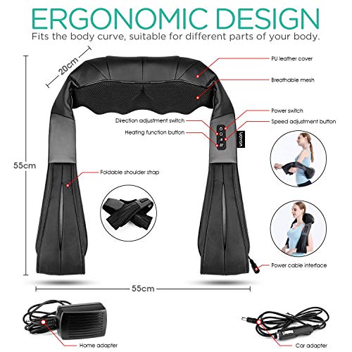 VOYOR Masajeador Espalda Electrico de Cuello de Hombros con Rodillo de Shiatsu Velocidad Ajustable Masaje 3D, Masajeador Cervical de Tejido Profundo para Hombro Alivio del Dolor de Espalda PJ100