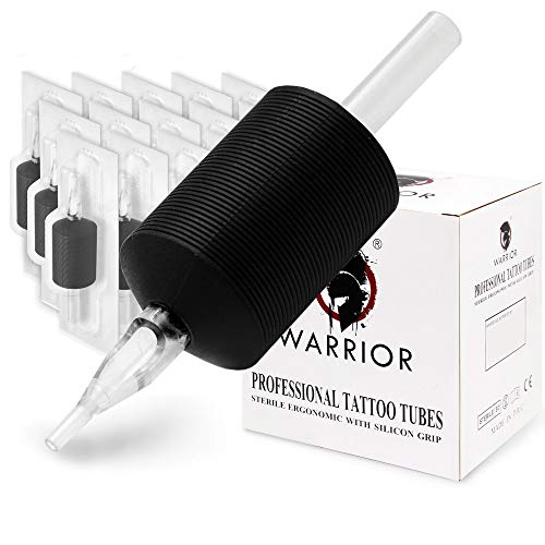 WARRIOR Tubos de Tatuaje Estériles Tattoo Grip Empuñadura Desechable con punta larga en Goma Blanda Profesional Antideslizante 30mm Magnum Flat Pack de 15 piezas (1.2/3R)