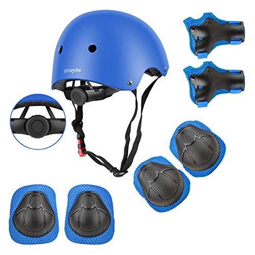 Wayin Conjuntos de Patinajes Niños Protecciones Patines Infantiles con Casco Ajustables Rodilleras y Coderas para Skate Bicicleta Monopatín Deporte（Azul）