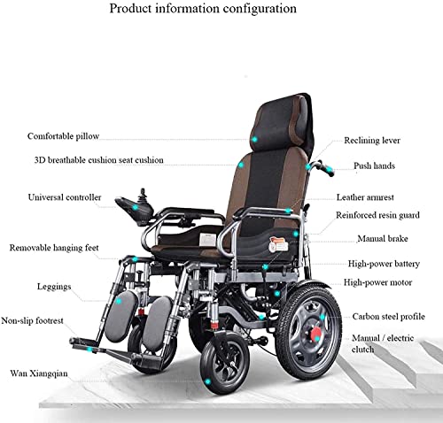 WBJLG Silla de Ruedas eléctrica con Respaldo reclinable, Silla eléctrica de Movilidad Plegable, Scooter portátil liviano, reposacabezas Ajustable Joystick de 360 ​​° Capacidad de Peso 150 kg, 12 A