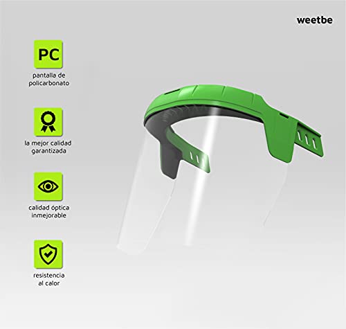 weetbe - Pantalla Protectora Facial, Certificación EPI Categoría II, Solidez incrementada, Antisalpicadura, Antivaho, Visor de Policarbonato Grado Óptico 1, Campo Uso 3