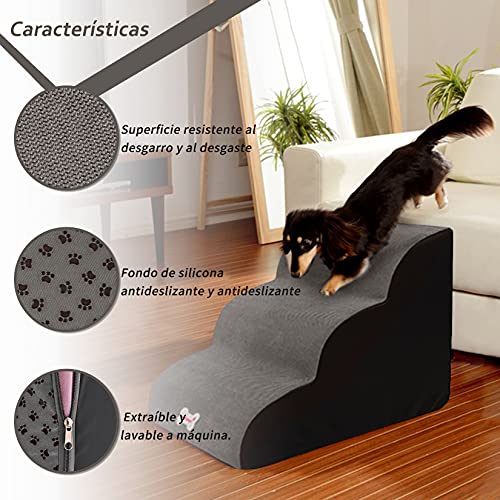 Weichuan Escalera para Perros 3 Escalones, Antideslizante Escalera de Mascota para Cama Sofá, Rampa Escalera de Esponja para Gatos Perros Pequeños Cachorros Gris L