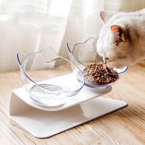 WELLXUNK Cuenco del Gato,Tcuencos Dobles para Gatos, Ajustable Inclinado De 15 ° Tazón Doble, Tazón de Gato Ortopédico, Apto para Gatos y Cachorros (Color Transparente)