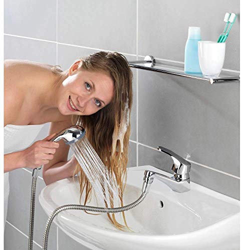 WENKO Manguera de ducha para lavabo universal - Ducha de mano móvil con manguera de ducha hecha de acero fino, Plástico (ABS), 150 x 3.5 x 6.5 cm, Cromo brillante