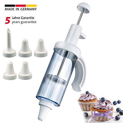 Westmark Jeringa para adornar y decorar buñuelos, Con 5 boquillas, Capacidad 180 ml, Plástico/acero inoxidable, Transparente/blanco, 31162260