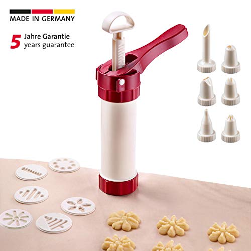 Westmark Prensa para pasteles y jeringa para adornar, con 6 discos para moldear y 6 boquillas para moldear, Capacidad de llenado 225 ml, Plástico, Luxus, Blanco/rojo, 32302260