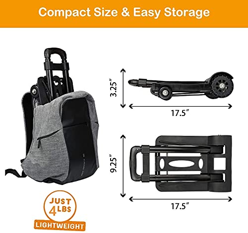 wilbest® Carretilla Plegable, Carritos Porta Equipajes con 4 Ruedas Carga Máxima 70 kg/165 lbs - Después de Plegar se Puede Poner en la Mochila - Negro