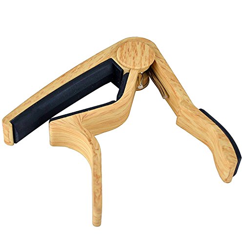 WiNGO Cejilla de Guitarra para Electrica Acústica Folk Ukelele Bajo Guitar Aleación de Aluminio Guitar Capo con 5 Púas de Guitarra, Natural Madera Color.